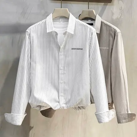 男士衬衣长袖高级感男装上衣服日系条纹休闲衬衫男春秋季新款潮流商品大图