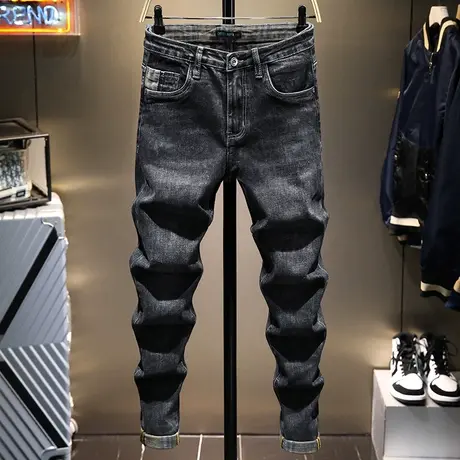 秋冬款简约潮牌黑色男士牛仔裤男修身小脚韩版潮流水洗百搭长裤子商品大图
