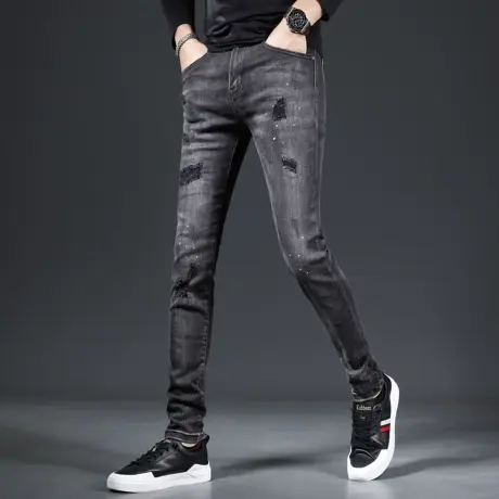 破洞牛仔裤男款2023新款秋季修身小脚裤黑灰色时尚潮牌男士长裤子商品大图