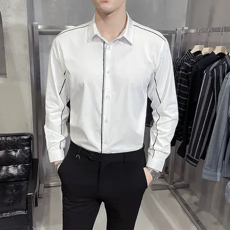 春秋季新款青年时尚韩版修身长袖衬衫男士高级感潮流百搭个性衬衣商品大图