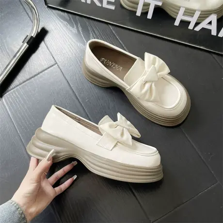 乐福鞋女秋季厚底时尚百搭2023年新款粗跟小皮鞋一脚蹬蝴蝶结单鞋商品大图