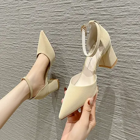 高跟鞋女粗跟2023年新款春夏季尖头一字带杏色小香风名媛宴会单鞋商品大图