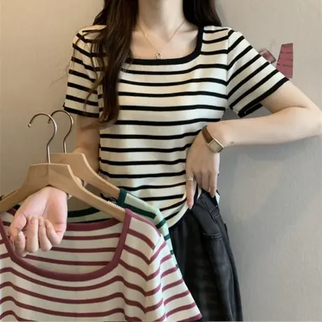 大码女装夏季新款遮肚显瘦正肩小衫方领条纹短袖T恤上衣胖mm200斤商品大图