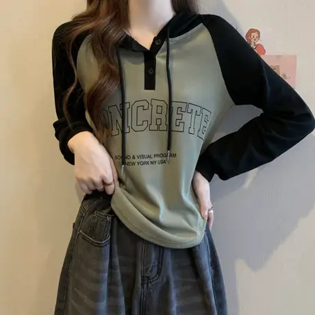 大码韩版遮肚子长袖打底衫T恤女春秋季胖mm显瘦连帽百搭上衣200斤商品大图