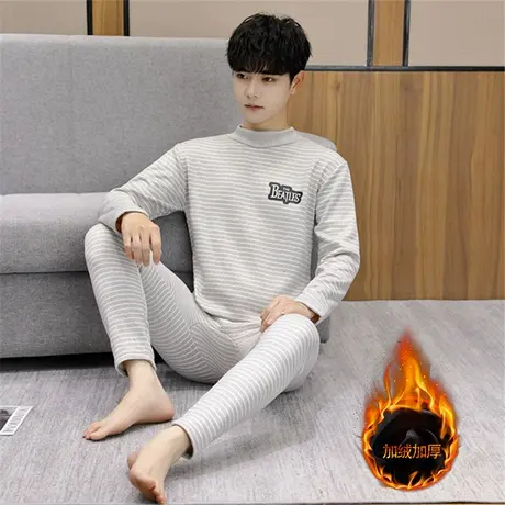 中领保暖内衣套装男青少年初中学生大童装加绒加厚条纹秋衣秋裤子图片