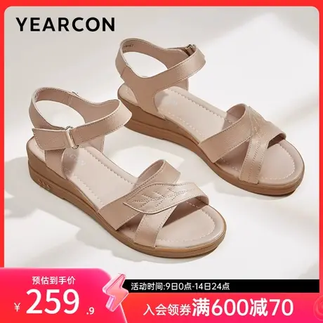 意尔康女鞋夏天老人坡跟凉鞋外穿真皮妈妈鞋舒适中老年母亲魔术贴图片