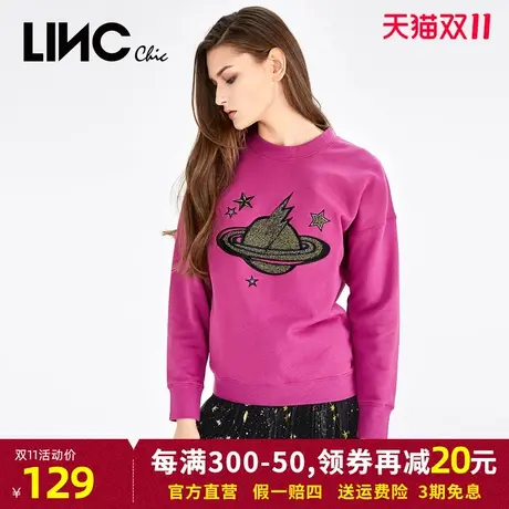 LINC金羽杰2023秋季新款个性立体绣花套头长袖纯棉T恤卫衣外套女商品大图
