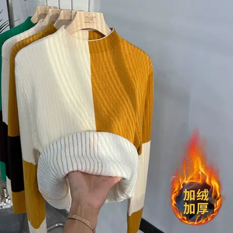 双色拼接毛衣女2023春季新款内搭修身厚实加绒加厚设计感小众上衣商品大图