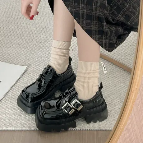 乐福鞋女2024年春秋季新款复古百搭方头单鞋英伦风黑色粗跟小皮鞋商品大图
