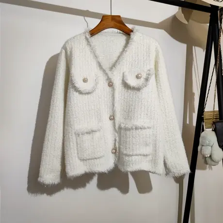 小香风毛衣外套女秋冬新款宽松v领时尚气质仿水貂绒针织开衫上衣商品大图