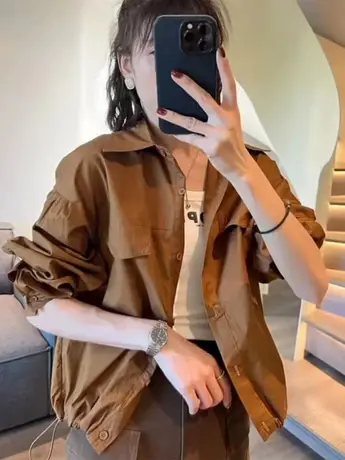 设计感小众短上衣抽绳翻领衬衣外套早秋新款气质宽松夹克衫上衣潮商品大图