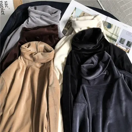 德绒高领打底衫女内搭春秋冬2023新款加绒t恤银狐绒保暖长袖上衣商品大图