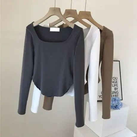 U领t恤女春秋季设计感小众修身长袖打底衫紧身内搭纯欲辣妹上衣服图片
