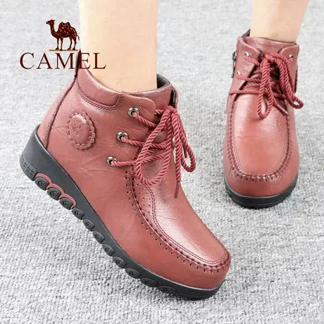 Camel/骆驼女鞋冬季新款真头层牛皮加绒保暖坡跟舒适休闲妈妈靴子图片