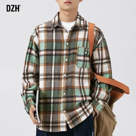 男士撞色格子衬衫男设计感小众日系休闲长袖衬衣秋季开衫2023新款商品大图