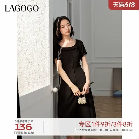 LAGOGO方领黑色泡泡袖连衣裙女拉谷谷春夏新款法式显瘦简约小黑裙图片