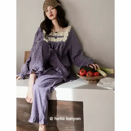贝妍睡衣女款春秋柔软莫代尔棉长袖宽松套装时尚方领公主风家居服商品大图