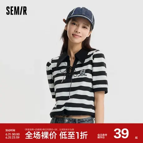 森马POLO衫女短款绑带绣花条纹衫复古盐系夏季收腰套头衫休闲潮酷商品大图