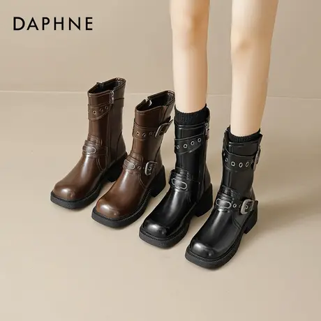 达芙妮美拉德短靴女新疆西北旅游夏季复古中筒靴子棕色西部牛仔靴商品大图