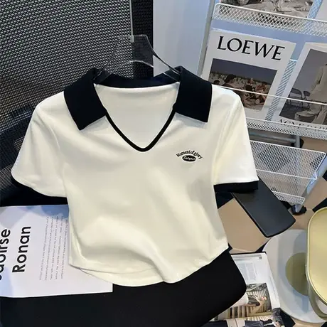 2023夏季新款女装美式复古辣妹正肩短袖t恤短款撞色v领修身polo衫商品大图