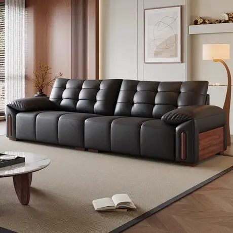 顾家家居实木意式极简客厅2025新款头层牛皮白蜡木高级感皮艺沙发图片