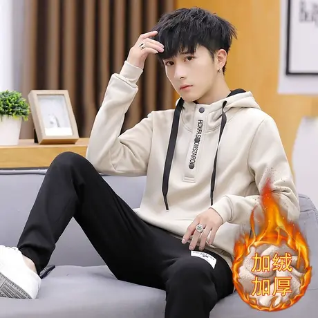 秋季男装初中学生男士青少年连帽卫衣加绒加厚潮流ins冬款上衣服商品大图