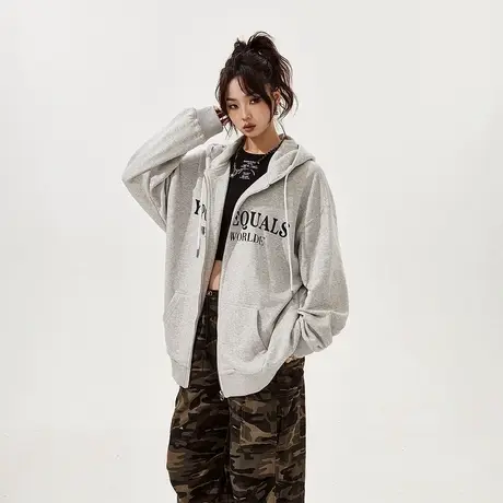 YEP美式花灰色开衫卫衣女连帽外套2023新款春秋复古潮牌宽松上衣商品大图