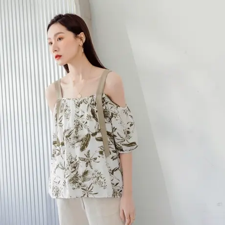 桔熊夏季甜辣舒适凉爽印花拼接吊带露肩一字领上衣女大码AB12570商品大图