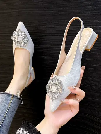 包头凉鞋女夏季2023年新款仙女风气质百搭尖头水钻后绊带粗跟单鞋商品大图