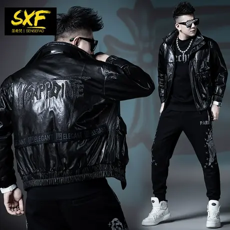 SXF圣希梵男士真皮皮衣 立领夹棉潮流刺绣机车服皮夹克冬季外套男商品大图
