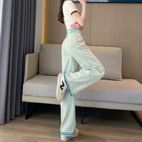 浅色阔腿软牛仔裤女春秋2023年新款高腰宽松显瘦拼接撞色直筒裤潮图片