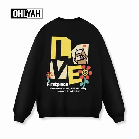 Ohlyah品牌爱心花卉小马印花情侣卫衣男女款休闲时尚落肩圆领纯棉商品大图