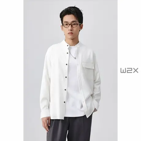 w2x春季天丝亚麻长袖衬衫男立领高级感痞帅设计感衬衣休闲寸衫潮商品大图