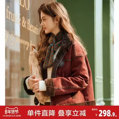 唐狮2026冬季新款厚外套女超短款仿羊羔毛外套拼接仿麂皮绒机车风图片