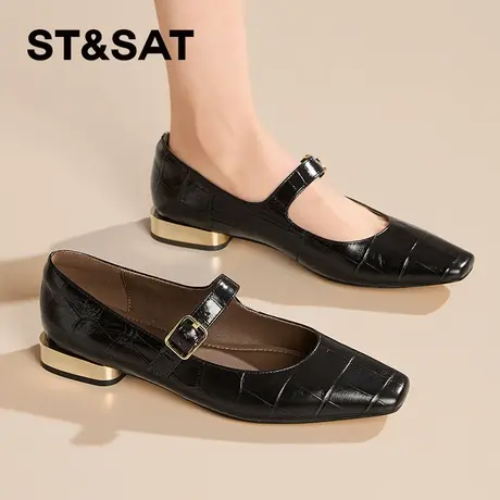 星期六方头浅口低跟气质玛丽珍鞋女2026春季新款牛皮真皮通勤单鞋商品大图