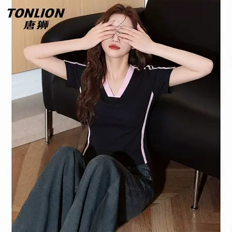 唐狮官方撞色v领长袖t恤女2026新款夏季女士修身显瘦短款上衣女VB图片
