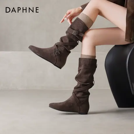 达芙妮长筒靴棕色靴子女2026新款平底靴长靴瘦瘦靴西部牛仔堆堆靴商品大图