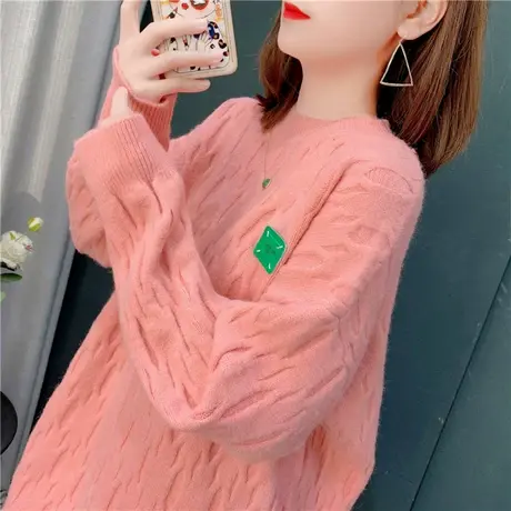 加厚套头毛衣女秋冬新款百搭宽松慵懒风糖果色打底针织衫圆领上衣商品大图
