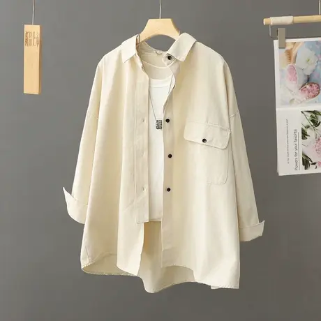 休闲衬衫外套女中长款春秋新款韩版宽松黑色港味纯棉开衫上衣衬衣图片