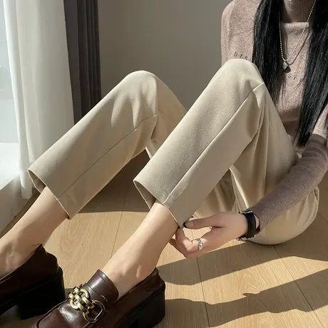 毛呢裤女秋冬新款高腰直筒小个子米白色烟管裤九分加绒休闲西装裤商品大图