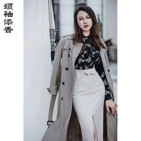 颈袖添香2023秋季新装新款女装时尚修身通勤过膝中长款外套风衣商品大图