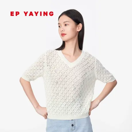 [意大利丝光棉]EP雅莹女装 立体镂空V领短袖针织衫 商场同款9520A图片
