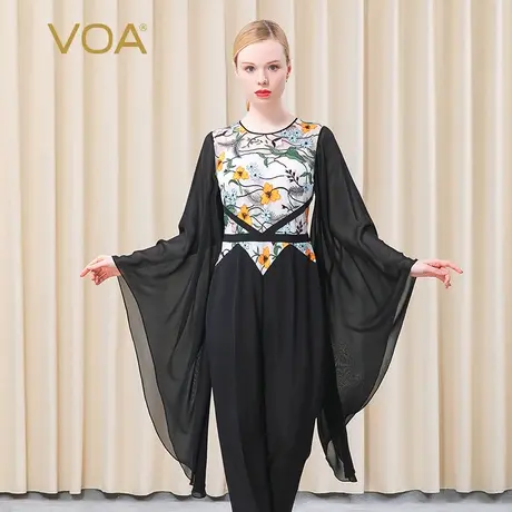 VOA36姆弹力重绉圆领飞飞袖撞料拼接绣花弹性黑色桑蚕丝连衣裤图片