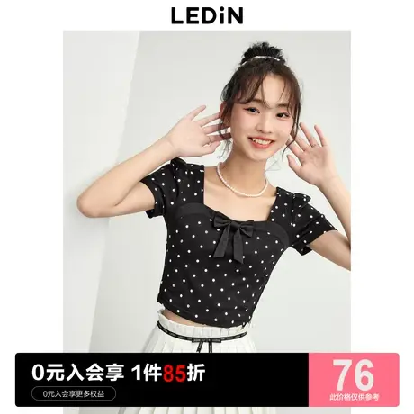 乐町千金风方领修身短袖女2023年夏季新款女装波点蝴蝶结上衣T恤商品大图