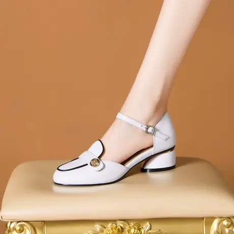 真皮凉鞋女2023年新款粗跟女鞋夏中跟时尚四季鞋一字扣百搭包头鞋商品大图