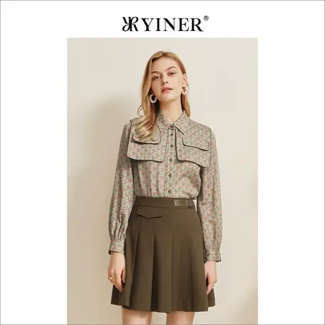 YINER音儿女装秋季别致独特长袖法式上衣格子衬衫商品大图