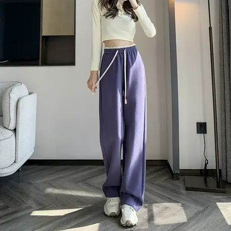 窄版阔腿裤女春秋2024新款高腰显瘦拼接设计感直筒休闲运动拖地裤商品大图