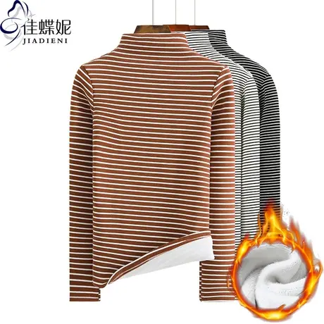 秋冬新款韩版半高领条纹长袖体恤上衣修身女装加绒加厚T恤打底衫商品大图