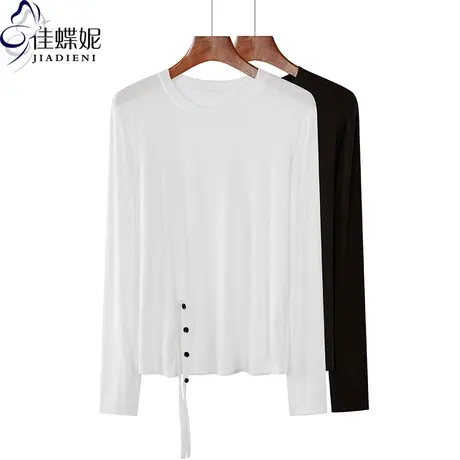 秋季新款韩版圆领纯棉宽松休闲纯色开叉长袖体恤上衣简约女装商品大图