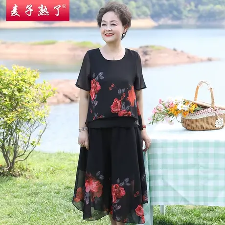 妈妈夏装套装洋气阔太太减龄两件套雪纺上衣T恤奶奶中老年人女装商品大图